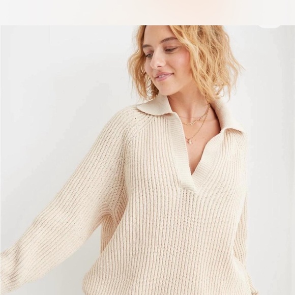 aerie Cream Ribbed Polo Sweater Pullover - Picture 6 of 6